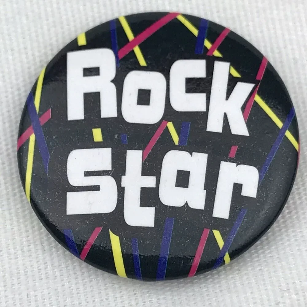Pin Back Button Rock Star Black Yellow Pink Blue Retro Music Fan Accessory